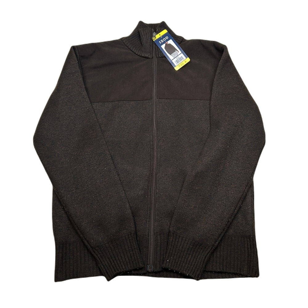 IZOD Full Zip Lined Sweater Mens Small Natural‎ Stretch Brown Jacket Golf